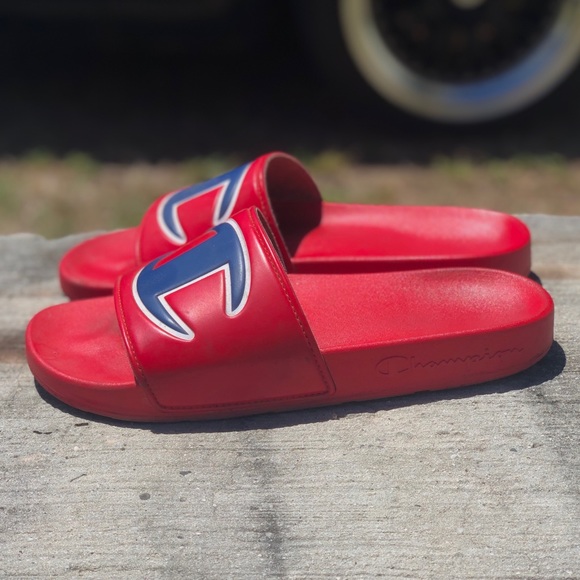 champion red dunks on feet